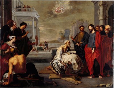 Jezus w cudowny sposób zmartwił paralityka w Kafarnaum Obraz Vincenta Malo (ok. Geny, Galeria Narodowa Palazzo Spinola, Włochy autorstwa Vincent Malo