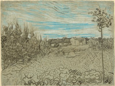 Domki z kobietą pracującą w centrum autorstwa Vincent van Gogh