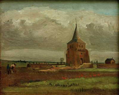 Stara wieża cmentarna w Nuenen z orką rolnika autorstwa Vincent van Gogh