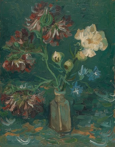 Butelka z piwoniami i delphinium. 1886 autorstwa Vincent van Gogh