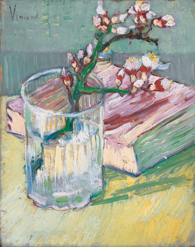 Kwitnąca gałązka migdałowa w szklance z książką, 1888 autorstwa Vincent van Gogh