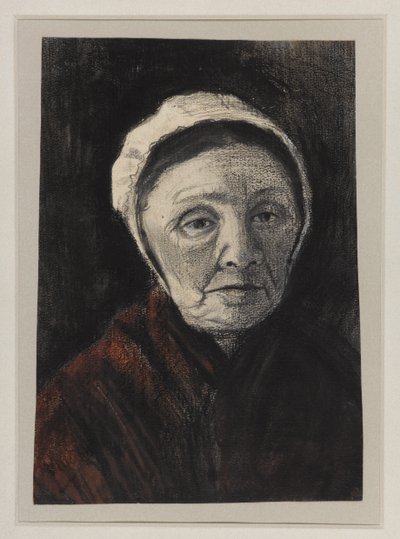 Głowa starej kobiety w czapce Scheveningera, 1882-83 (węgiel drzewny, czarna i brązowa kreda na papierze) autorstwa Vincent van Gogh