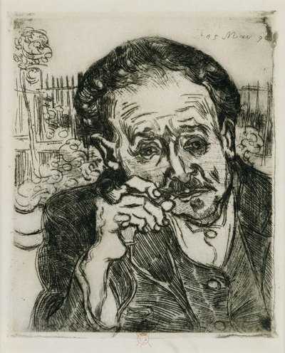 Mężczyzna z fajką: Portret doktora Gacheta; Mężczyzna z fajką: Portret doktora Gacheta, 1890 autorstwa Vincent van Gogh
