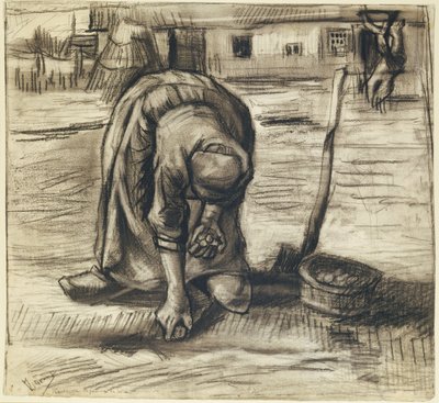 Chłopka sadząca ziemniaki, ok. 1885 r. (czarna kreda i węgiel na papierze) autorstwa Vincent van Gogh