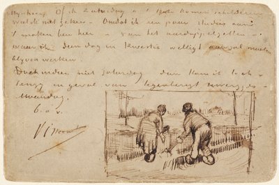 Pocztówka z kopaniem dwóch chłopów, 1885 (pióro i brązowy atrament na pocztówce) autorstwa Vincent van Gogh