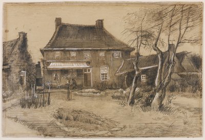 Klasztor w Neunen: Widziana od tyłu, z pracownią artystów po prawej stronie, ok. 1884 (grafit, pióro, brązowy tusz, brązowy wash, podkreślony bielą na papierze) autorstwa Vincent van Gogh