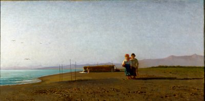 Widok na plażę w Viareggio poranne słońce na toskańskim wybrzeżu, dwie sylwetki dzieci. Obraz Vincenzo Cabianca (1827-1902) autorstwa Vincenzo Cabianca