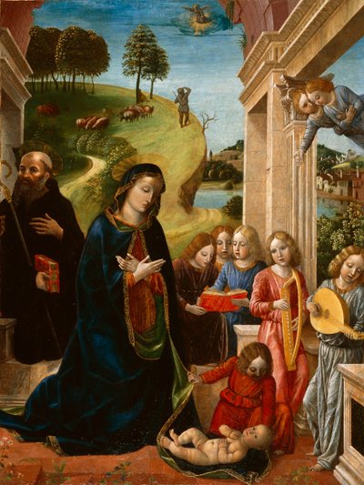 Adoracja Dzieciątka ze św. Benedyktem i Aniołami, ok. 1478 (tempera na płótnie) autorstwa Vincenzo Foppa