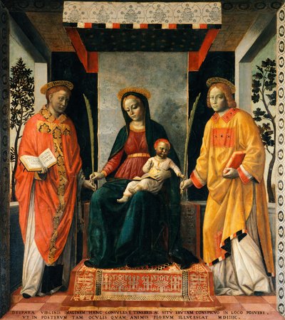 Madonna z Dzieciątkiem między św. Faustynem a św. Jowitą, Vincenzo Foppa (ok. 1427-ok. 1515), Tempera na płótnie, 205x226 cm autorstwa Vincenzo Foppa