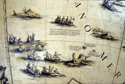 Wielorybnictwo na Pacyfiku. Szczegóły globu Coronelli z XVII wieku. autorstwa Vincenzo Maria Coronelli