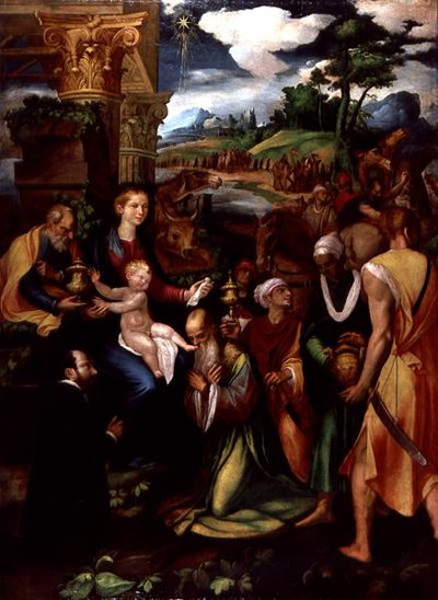 Adoracja Trzech Króli z Darczyńcą (olej i tempera na panelu) autorstwa Vincenzo da (d.1557) Pavia