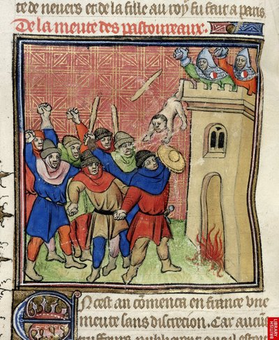 Fragment miniatury Trzeciej Krucjaty Pastoureaux. Żydzi wyrzucający dzieci z wieży, po 1380 autorstwa Virgil Master