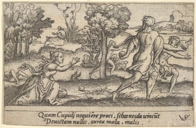 Atalanta i Hippomenes, na pierwszym planie Atalanta klęcząca, by podnieść jabłko i..., ok. godz. 1535-62. autorstwa Virgil Solis