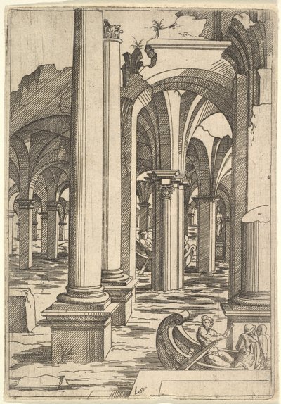 Łodzie wiosłowały przez zalane ruiny, ca. 1550-62. autorstwa Virgil Solis