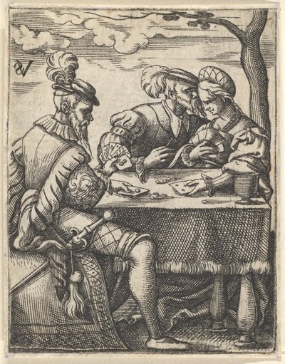Dwóch mężczyzn i kobieta grają w karty przy stole, jeden mężczyzna przyciska nos do ..., ok. godz. 1535-62. autorstwa Virgil Solis