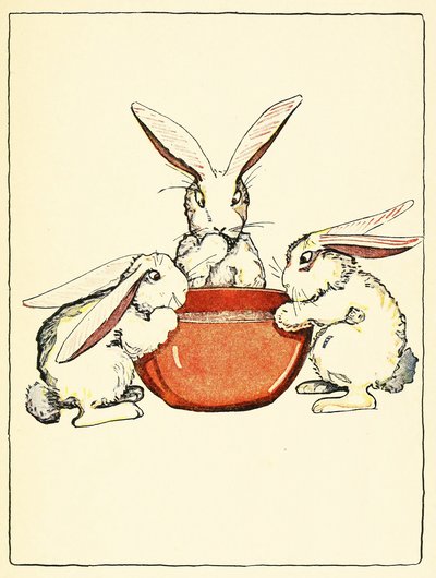 Flopsy, Mopsy i Cotton-Tail mieli na obiad chleb, mleko i jeżyny z pubu The Tale of Peter Rabbit. 1916 (kolor lito) autorstwa Virginia Albert
