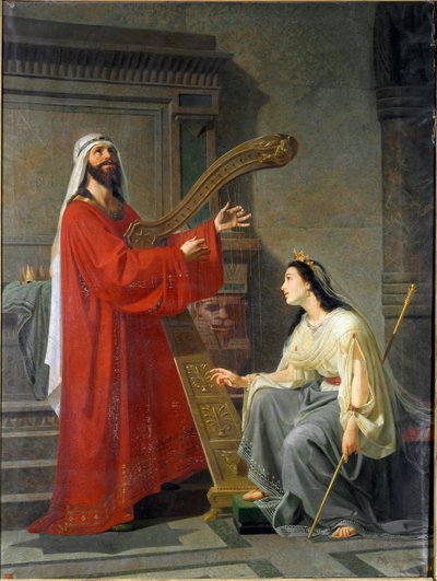 David i Micol King David grający na harfie. Obraz Virginio Grana (ok. 1830-1888) XIX w. Niedz. 243x182 cm Geny, Accademia Ligustica di Belle Arti, nr inw. 468 autorstwa Virginio Grana
