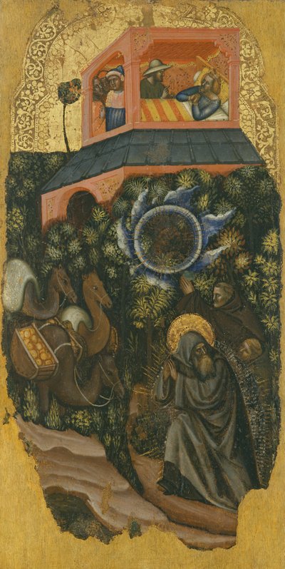 Historia św. Antoniego Wielkiego. Żebrak namawia chorego króla Palestyny, aby wysłał żywność św. Antoniemu (u góry); przybycie wielbłądów z jedzeniem (na dole) autorstwa Vitale da Bologna