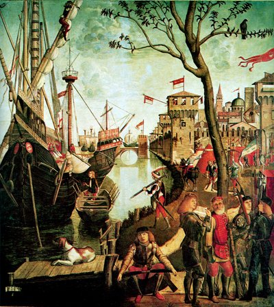 Przybycie św. Urszuli do Kolonii podczas oblężenia Hunów Legenda o św. Urszuli, 1490 autorstwa Vittore Carpaccio