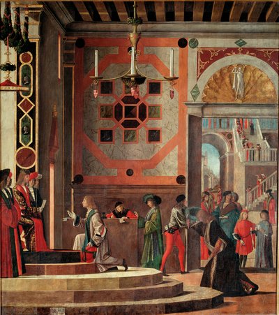 Cykl życia św. Urszuli, stół drugi: Pożegnanie (lub wyjazd) ambasadorów. (olej na desce autorstwa Vittore Carpaccio