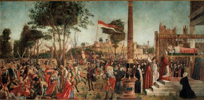Cykl życia św. Urszuli: męczeństwo pielgrzymów i pogrzeb św. Urszuli autorstwa Vittore Carpaccio