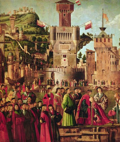 Fragment spotkania Etheriusa i Urszuli oraz wyjazdu pielgrzymów z cyklu św. Urszuli, ok. 1490-96 (szczegóły z 56472) autorstwa Vittore Carpaccio