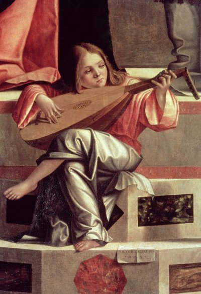 Anioł minstrel grający na lutni, detal z przedstawienia Jezusa w świątyni autorstwa Vittore Carpaccio