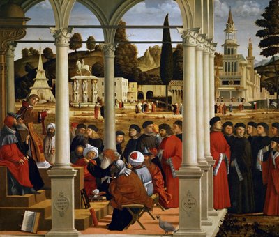 Święty Szczepan przed Najwyższym Kapłanem i Starszymi Sanhedrynu, 1514. autorstwa Vittore Carpaccio