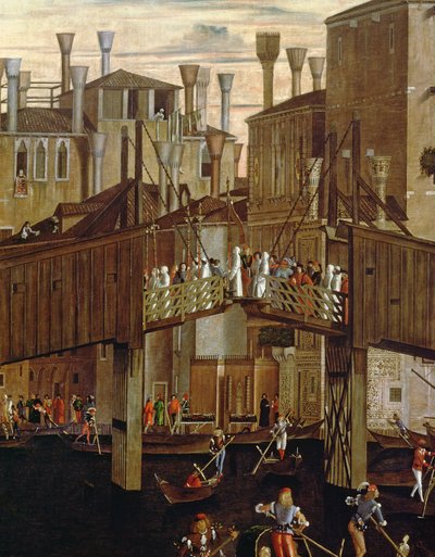 Cud Relikwii Krzyża Świętego, fragment starego mostu Rialto, z Scuola di San Giovanni Evangelista, ok.1494 autorstwa Vittore Carpaccio