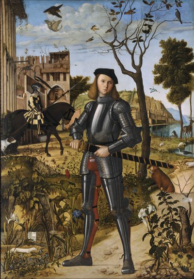 „Młody rycerz w pejzażu” (znany również jako „Portret rycerza”) autorstwa Vittore Carpaccio