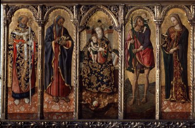 „Madonna z Dzieciątkiem i Świętymi”” Reprezentowani są: św. Mikołaj z Myre lub Bari (270-345), św. Antoni opat (św. Antoni Wielki (250/251-356) (lub św. Święta Katarzyna (z Aleksandrii?). autorstwa Vittorio Crivelli
