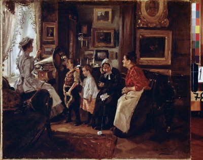 Au gramofon. (Pod gramofonem). Peinture de Vladimir Yegorovich Makovski (Makovsky, Makovskij) (1846-1920), huile sur toile autorstwa Vladimir Egorovic Makovsky