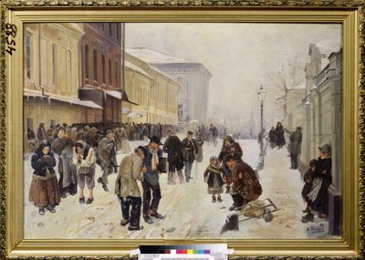 Nocny Azyl (Dosshouse). Scena uliczna, przed budynkiem recepcyjnym gromadzi się tłum potrzebujących, bezdomnych, cierpiących z zimna i biedy. Obraz Władimira Jegorowicza Makowskiego (Makovsky, Makovskij) (1846-1920), olej na płótnie autorstwa Vladimir Egorovic Makovsky