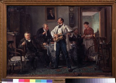 Kumple. Zgromadzeni wokół stołu w salonie słuchają gitarzysty, który śpiewa, podczas gdy kobieta przynosi im nową butelkę wina. Obraz Władimira Jegorowicza Makowskiego (Makovsky, Makovskij) (1846-1920), olej na t autorstwa Vladimir Egorovic Makovsky