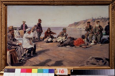 Na pokładzie (Na pokładzie). Podróżni wszystkich klas na łodzi płynącej wzdłuż wybrzeża. Obraz Władimira Jegorowicza Makowskiego (Makovsky, Makovskij) (1846-1920), olej na płótnie autorstwa Vladimir Egorovic Makovsky