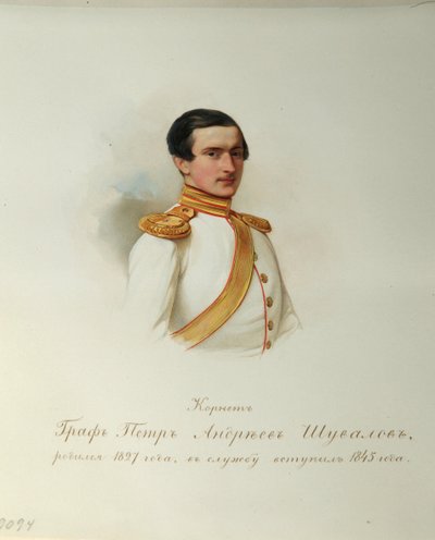 Portret hrabiego Piotra Andriejewicza Szuwałowa (1827-1889) (Z albumu cesarskiej gwardii konnej) - Hau (Gau), Władimir Iwanowicz (1816-1895) - 1846-1849 - Akwarela na papierze - Instytut Literatury Rosyjskiej IRLI ( Dom Puszkina), Sankt Petersburg autorstwa Vladimir Ivanovich Hau