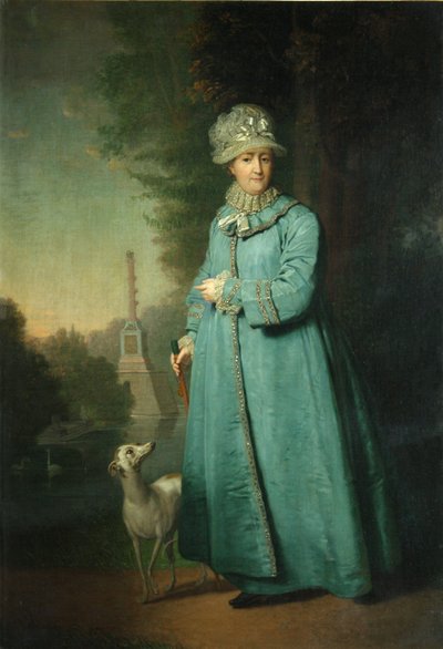 Katarzyna II spacerująca po parku przy Carskim Siole z Kolumną Czesme w tle, 1794 autorstwa Vladimir Lukich Borovikovsky