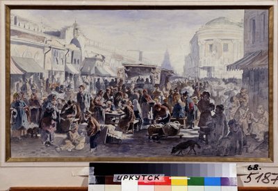 Pchli targ w Moskwie (Rosja) (rynek z drugiej ręki w Moskwie). Scena uliczna, z postaciami w poplamionych i połatanych ubraniach, jedni jedzą przy stołach przed barakiem, inni patrzą na oferowane towary, jeszcze inni się chowają autorstwa Vladimir Yegorovich Makovski