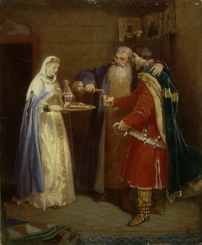Powitanie Boyera Boyer Morozov odwiedza księcia Serebarena, 1865 autorstwa Vyacheslav Grigoryevich Schwarz