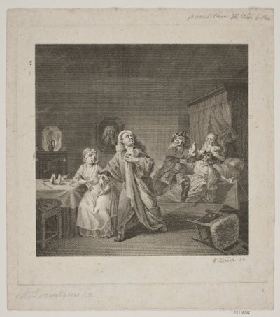 Oddział położniczy III. Akt 6 scena. Grawerowanie według Holberg Gallery Lorenzena. autorstwa WIlhelm Heuer