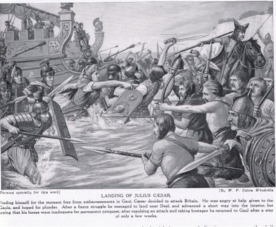 Lądowanie Juliusza Cezara, ilustracja z „Historia narodów Hutchinsona”, c.1910 autorstwa W.P. Caton Woodville