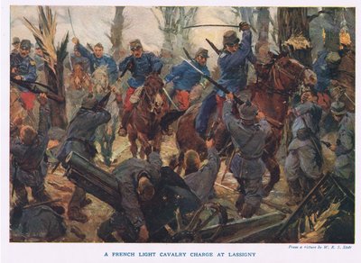 Szarża francuskiej lekkiej kawalerii w Lassigny (kolor lito) autorstwa W.R.S. (after) Stott