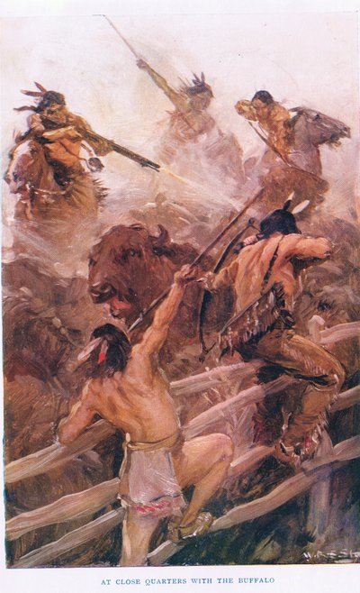 W Close Quarters with the Buffalo, ilustracja z „The Romance of Canada” (kolor lito) autorstwa W.R.S. Stott