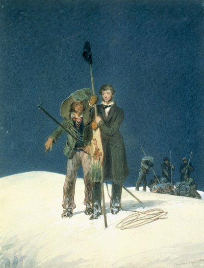 Charles Fellows with William Hawes, Plants a Baton on the Summit, włączony jako wkładka do książki Charles Fellows (1799-1860), A Narrative of an Ascent to the Summit of Mont Blanc (1799-1860), opublikowanej w 1827 r. (wc na pa autorstwa W.S. Hastings