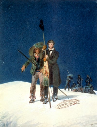 Charles Fellows z Williamem Hawesem, sadzi pałeczkę na szczycie Mont Blanc, 1827 autorstwa WS Hastings