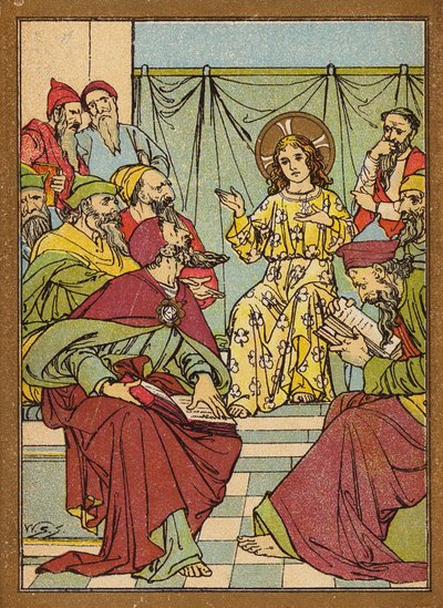 Jezus w świątyni rozmawiający z lekarzami (kolorowa litografia) autorstwa W.S. Stacey