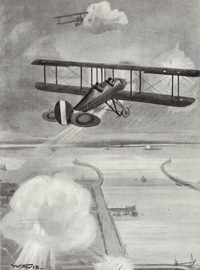 Dowódca eskadry Richard Davies i porucznik Richard Peirse zrzucają bomby na stację podwodną w Zeebrugge pod ciężkim ostrzałem, 23 stycznia 1915 autorstwa W. Avis