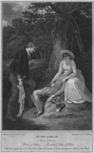 Tak jak lubisz. Akt 4. Scena 3. Las Arden, - Rosalind, Celia i Oliver, 1798. autorstwa W. C. Wilson