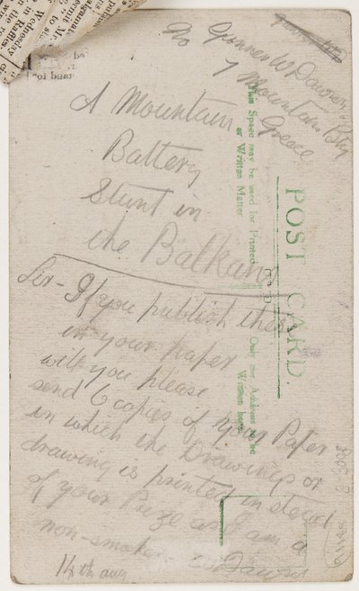 Pocztówka do redakcji Liverpool Weekly Courier, 14 sierpnia 1918 (ołówek na pocztówce) autorstwa W. Dawson