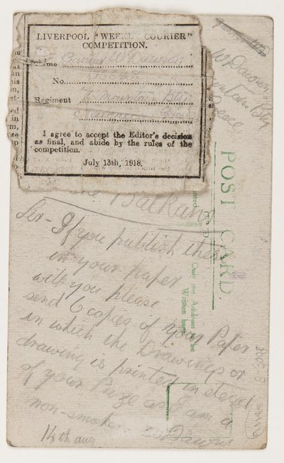 Pocztówka do redakcji Liverpool Weekly Courier, 14 sierpnia 1918 (ołówek na pocztówce) autorstwa W. Dawson